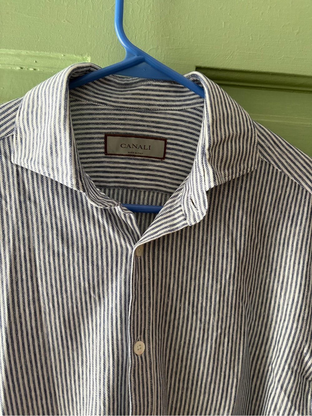 CANALI Linen Blend White Blue Striped Long Sleeve Men shirt Size M